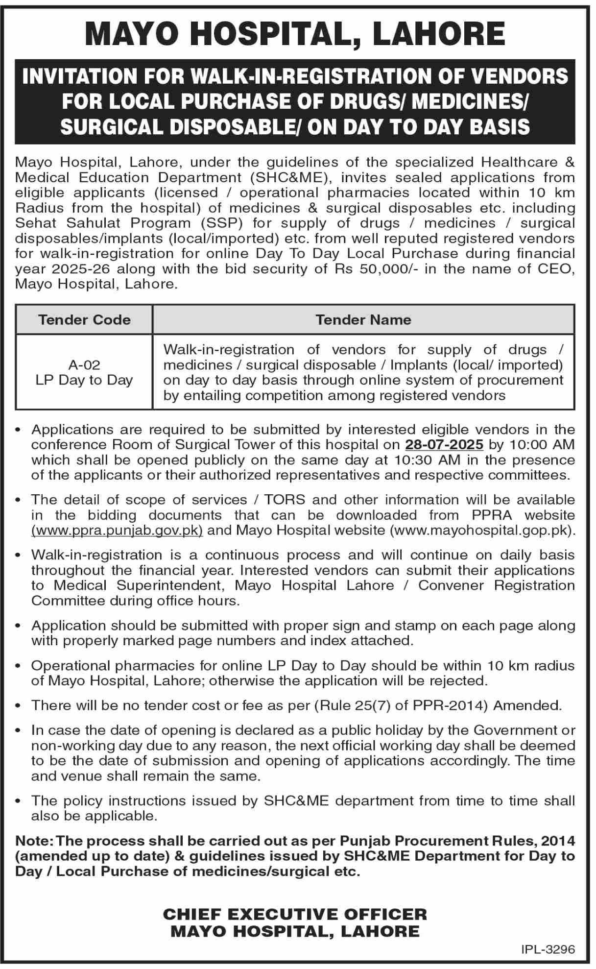 Mayo Hospital Lahore Tender Notice